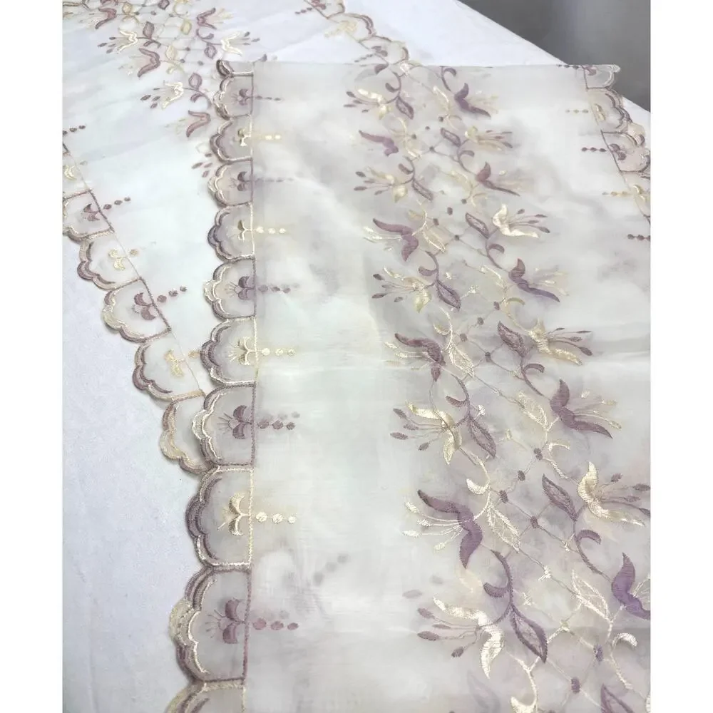 Sheer Table Runner Dresser Scarf Purple Floral Embroidery Ruffled Border (2)